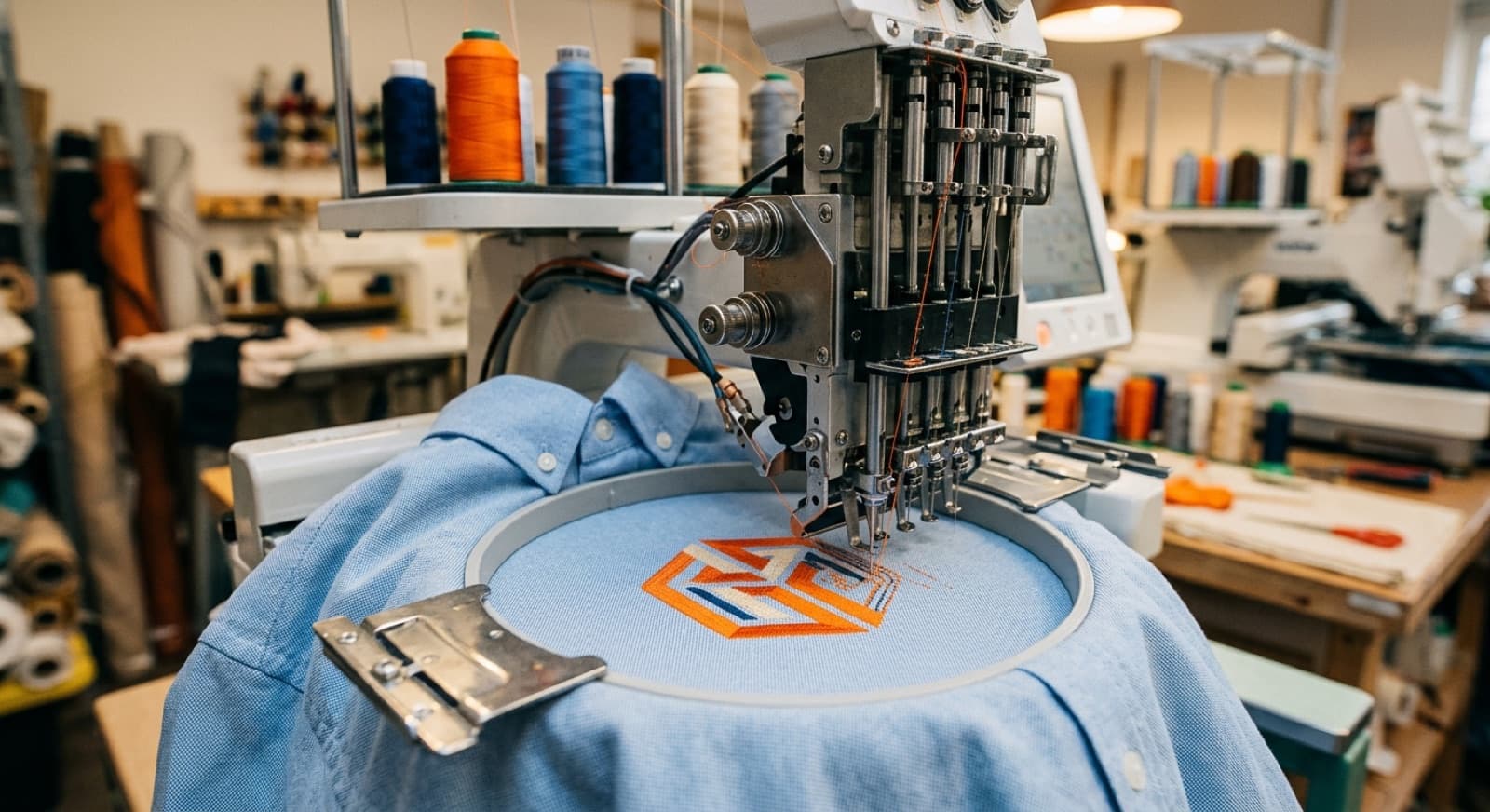 Máquina de bordado computarizada aplicando un logo naranja sobre una camisa oxford (imagen ilustrativa)