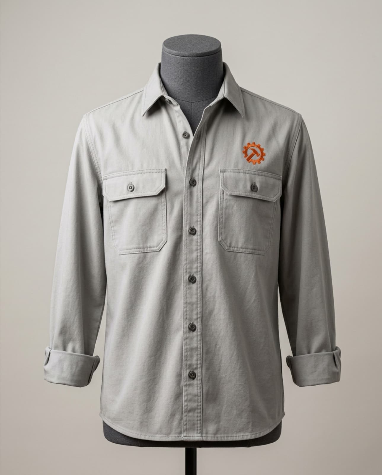 Camisa de trabajo gris en drill con bolsillos y emblema bordado (imagen ilustrativa)