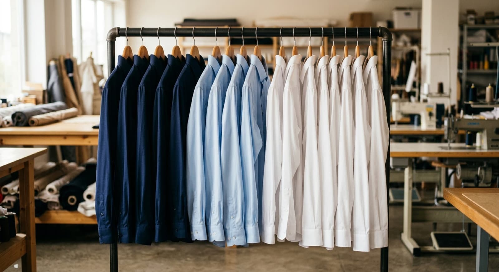 Camisas de uniforme corporativo en azul marino, celeste y blanco colgadas en un perchero (imagen ilustrativa)