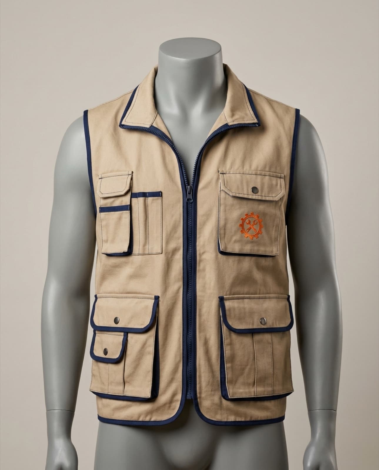 Chaleco multibolsillo beige en drill con ribete azul (imagen ilustrativa)