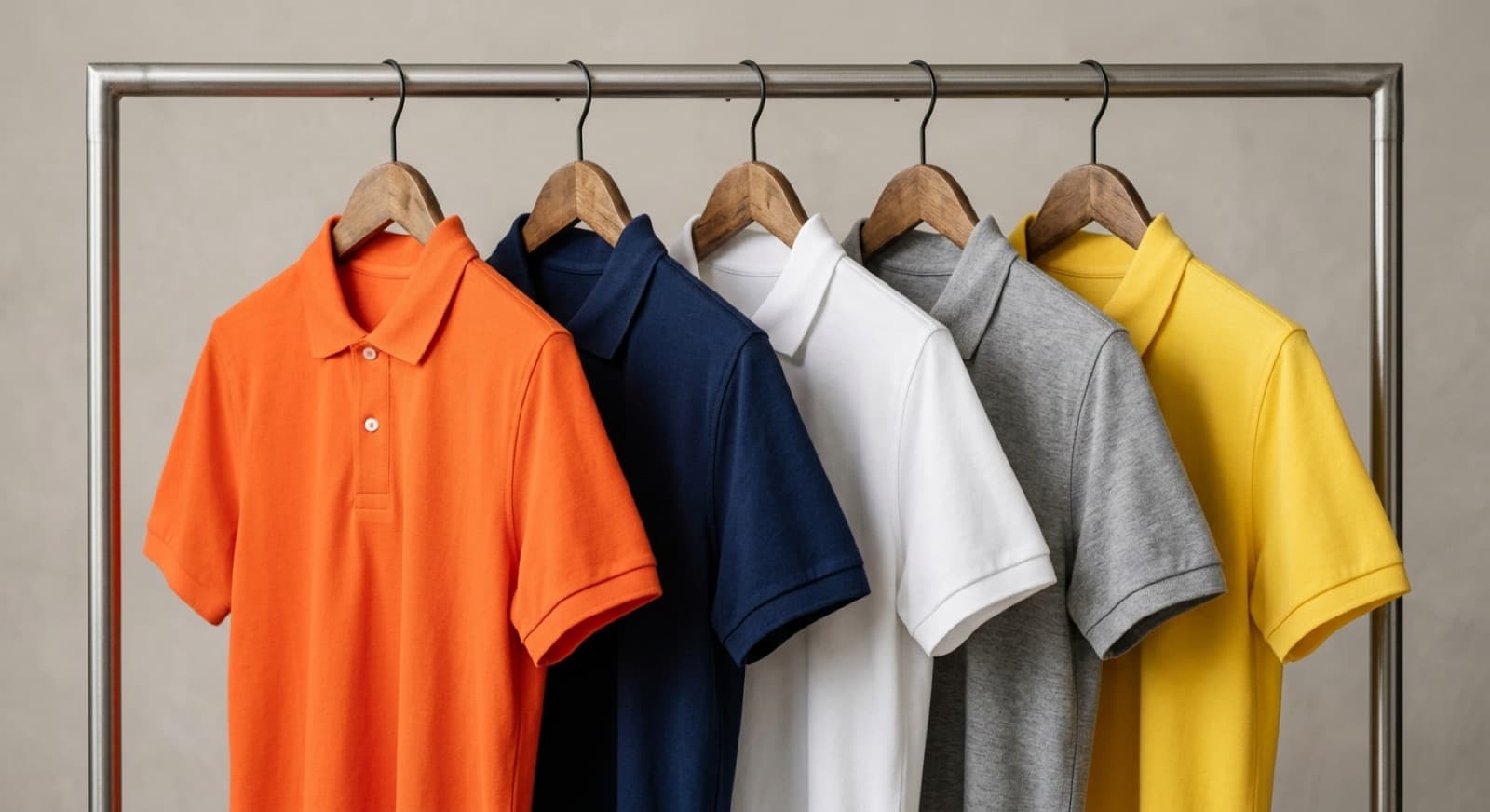 Polos publicitarios de colores en perchas: naranja, azul, blanco, gris y amarillo (imagen ilustrativa)