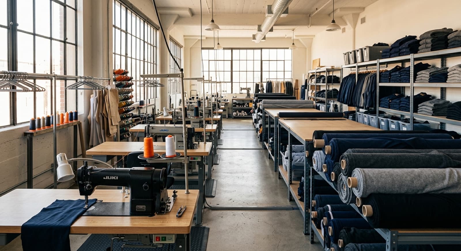 Interior de un taller de confección textil con máquinas de coser y rollos de tela (imagen ilustrativa)