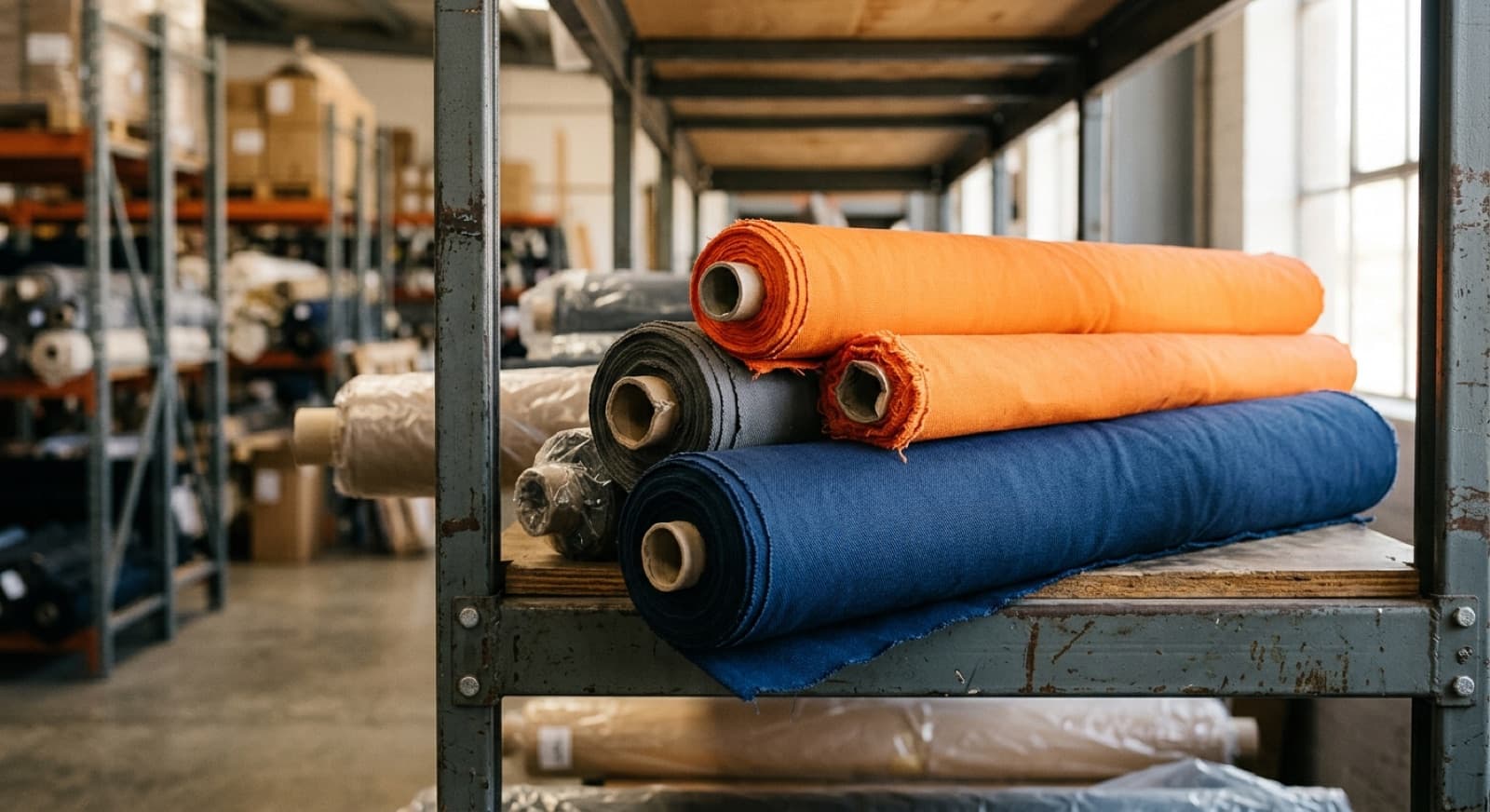 Rollos de tela drill en azul marino, gris y naranja sobre estante industrial (imagen ilustrativa)