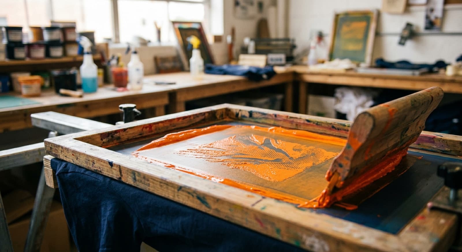 Estación de serigrafía con tinta naranja sobre polo azul marino (imagen ilustrativa)