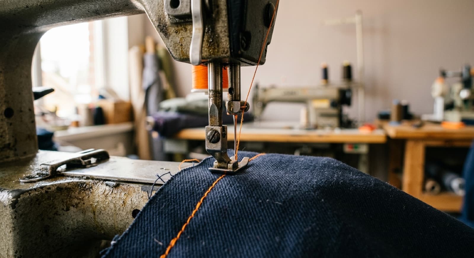 Máquina de coser industrial cosiendo hilo naranja sobre tela drill azul marino (imagen ilustrativa)
